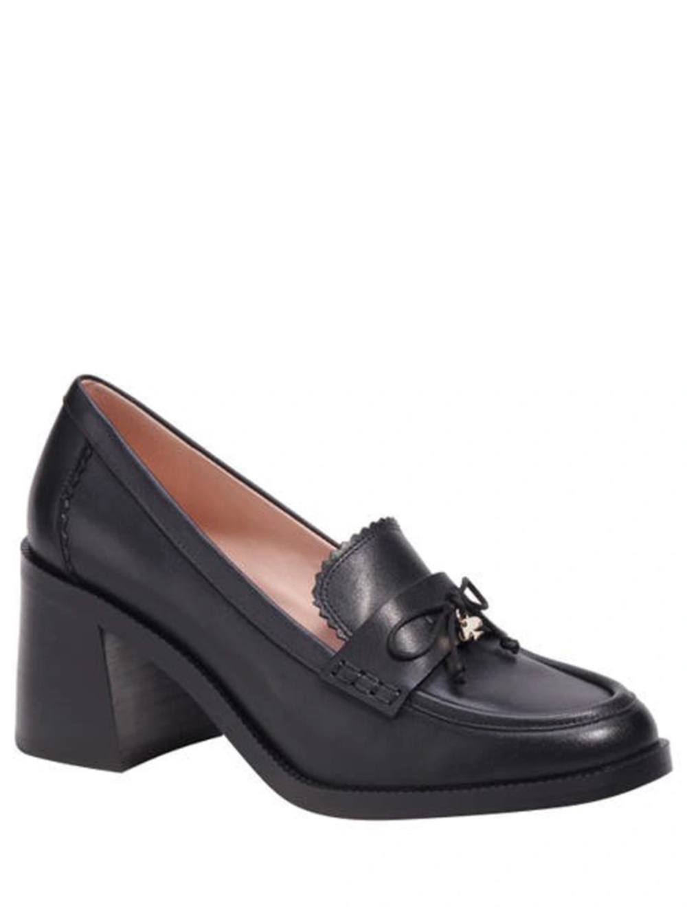 Kate Spade Hattie Black Leather Scalloped Trim Block Heel Chunky Loafers - Picture 2 of 11